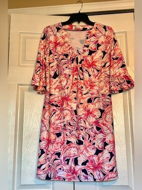 Aryeh Navy Pink Coral Floral Shift Dress
